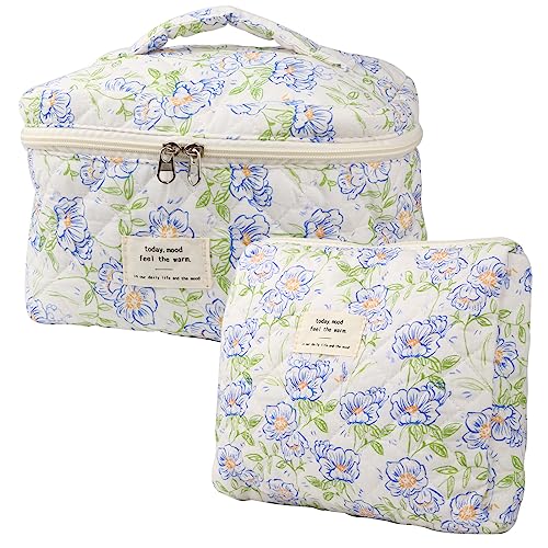 NATINSA Cute Makeup Bag for Women(2 Pcs), Travel Cosmetic Bags, Quilted Coquette Aesthetic Floral Toiletry Organizer Bag (Blue Flower) - color: Blue Flower