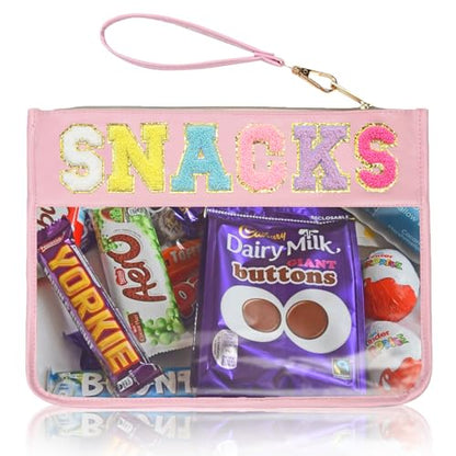 Clear Zipper Pouch for Travel Snacks Bag Nylon Clear Cosmetic Bag Makeup Travel Bag for Women with Glitter Patch Letters (Pink-Snacks) - color: FS-SNACKS