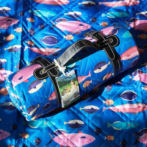 Picnic Blanket, 80x80 Inches, White Fish Pattern, Double Thickened with 150g Cotton, Portable Foldable with Leather Carry Strap - color: Blue Fish, size: 80"x80"