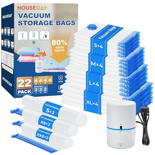 HOUSE DAY 22 Pack Vacuum Seal Bags For Clothing Travel, Vacuum Bags With Electric Pump, Vacuum Sealer Bag for Clothes, Comforters, Blankets, Pillows, Moving (4XL/4L/4M/4S/2S Roll/2XS Roll/2XXS Roll) - size: 22 Pack-E PUMP