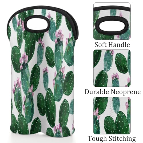 2 Bottle Wine Carrier Tote Bag Cute Cactus Insulated Neoprene Portable Bottle Holder Great Gift for Wine Lover, Great for Picnics Travel BYOB, Outdoor Entertaining