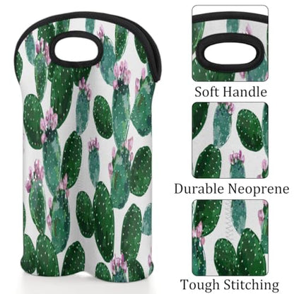 2 Bottle Wine Carrier Tote Bag Cute Cactus Insulated Neoprene Portable Bottle Holder Great Gift for Wine Lover, Great for Picnics Travel BYOB, Outdoor Entertaining