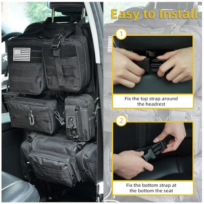 Tactical Car Seat Back Organizer,Tactical Molle Seat Back Organizer with 6 Detachable Molle Pouch,Universal Fits for Car Truck Jeep Vehicle Black - color: Black