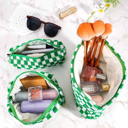 ZLFSRQ 3Pcs Checkered Makeup Bag for Women Large Small Checkered Cosmetic Bag Set Aesthetic Preppy Pencil Case Cute Pencil Pouch Green Makeup Pouch for Purse Travel Toiletry Bags Zipper Skincare Bags - color: B-Checkered 3Pcs Mix Green