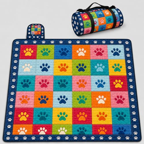 Personalized Waterproof Sandproof Beach Blanket 80''x80'', 3-Layer Foldable Picnic Blanket with Carry Strap, Camping Travel Outdoor Mat for Beach Park Hiking (Paw Print) - color: Paw Print