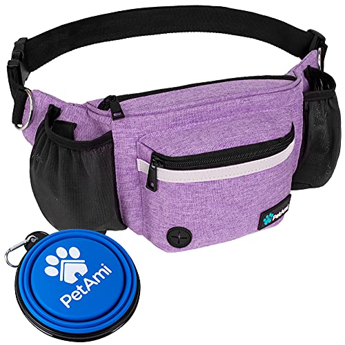 PetAmi Dog Fanny Pack, Treat Pouch for Dog Walking, Training, Built in Poop Bag Dispenser, Water Bottle Holder, Collapsible Bowl, Pet Treat Waist Belt for Hiking, Running, Kibbles (Purple) - color: Purple