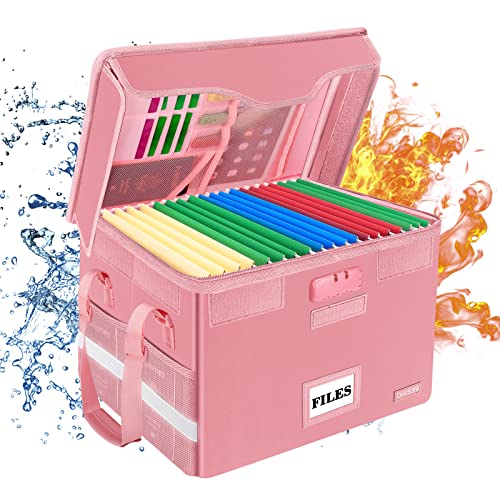 DocSafe Fireproof Document Box with Lock,File Storage Organizer with Zipper Pockets,Collapsible Portable File Box Home Office Safe Filing Cabinet with Handle for Hanging Letter/Legal Folder,Pink - color: Pink, size: 16" x 12.5" x 10.5", 1 pack