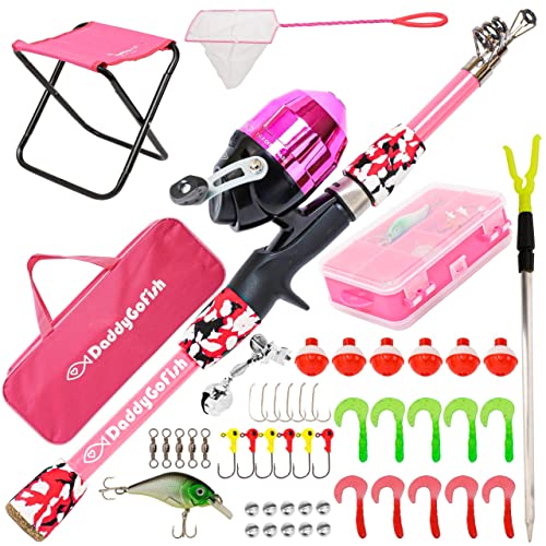 DaddyGoFish Kids Fishing Pole - Rod Reel Combo Tackle Box Starter Set - First Year Small Dock Gear Kit for Boys Girls Toddler Youth Age Beginner Little Children Junior Anglers - color: Pink (Complete Set), size: 4ft