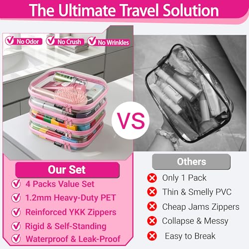 YQBRAO 4-Pack Clear Diaper Bag Organizer Pouches, 1.2mm Ultra-Thick PET Travel Pouches for Toiletries & Makeup, Rigid Self-Standing Bags with YKK Zippers, TSA Approved (Pink) - color: Pink, size: 4 Pack(M)