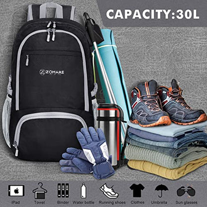 ZOMAKE Lightweight Packable Backpack 30L, Foldable Hiking Backpacks Water Resistant Compact Folding Daypack for Travel(Black) - color: Black