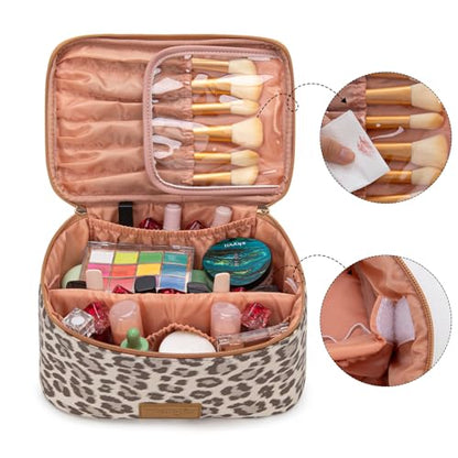 Montana West X Wrangler Travel Makeup Bag 2pcs Set Large Cosmetic Bag with Makeup Brush Holder Portable Make Up Organizer Cute Toiletry Bag with Divider and Handle for Women Leopard - color: Leopard-Khaki