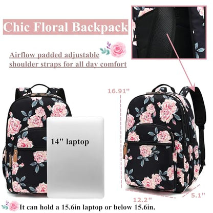 Leaper Water-resistant Floral Laptop Backpack School Travel Bag Bookbags Satchel - color: Black-pink Flower [8005up], size: X-Large