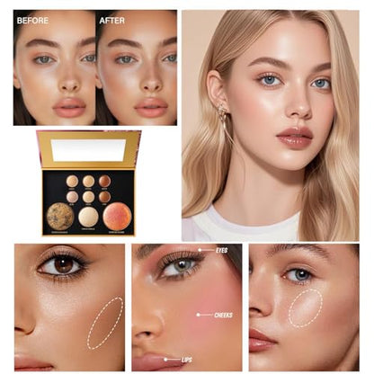 K'APEINE All-in-One Makeup Palette, 9 Colors Neutral Baked Face Kit with Eyeshadow, Blush, Highlighter & Contour | Everyday Nude Matte Shimmer Finish for Women - 01# - color: Golden Holiday (9 Colors)