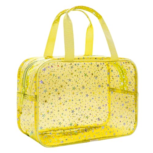 Clear Yellow Star Large Makeup Bag with Star Pattern 12x5x8 inch, Travel Cosmetic Bag with Handle, Durable PVC Material Washbag Zipper Opening Design for Makeup Travel Organizer or Gym Use - color: Yellow, style: Star