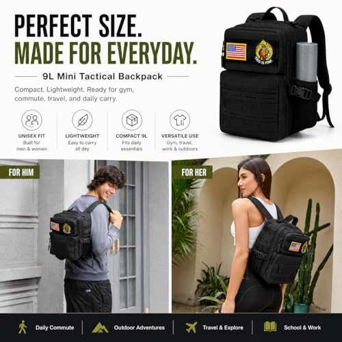 9L Mini Tactical Backpack Small Military Gym Bag for Men Women Molle Daypack Camping Backpack with Patch (Black) - color: Upgrade Black