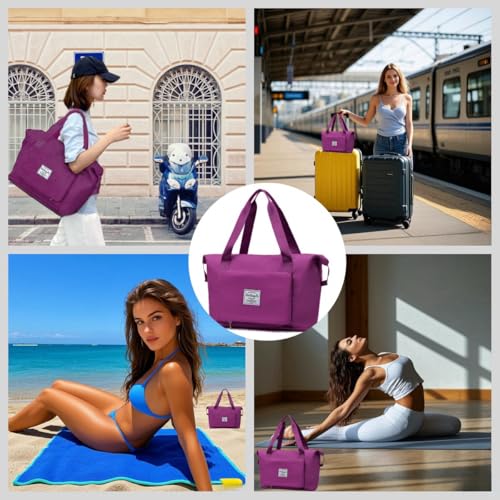 Large Capacity Foldable Travel Bag, Expandable lightweight Carry on Bag, Dry with Wet Separation Spor Duffel Bags (Fuchsia) - color: Fuchsia