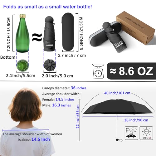 BAODINI Travel Essentials Mini Umbrella for Purse With Case Small Compact UV Sun Protection Lightweight Tiny Pocket Manual Open Close Umbrella for Women Kids and Men Fits Purse Backpack - color: A-Black