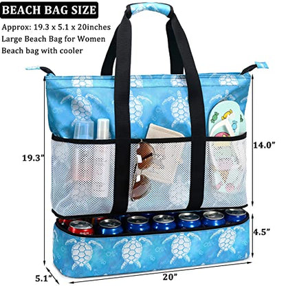 JIANYA Beach Bag Women Waterproof Sandproof Beach Tote Bags with Cooler Top Zipper Large Totes for Pool Travel Daily - color: Bubble Sea Turtle