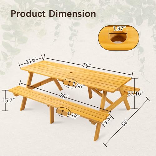 8 Person Rectangular Wooden Picnic Table, Outdoor Camping Dining Table with 2 Seats, Garden, DIY with 2 Built-in Benches, 2220lb Capacity, Natural - color: Natural-8-rectangular