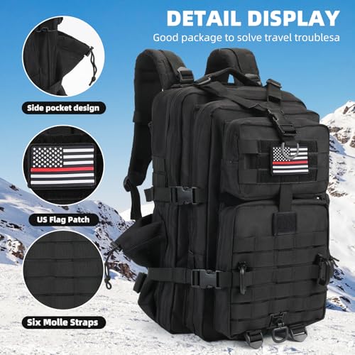 Hannibal Tactical MOLLE Assault Backpack, Tactical Backpack Military Army Camping Rucksack, 3-Day Pack Trip w/USA Flag Patch, D-Rings, Flag patch with water bottle - color: Flag Patch With Water Bottle