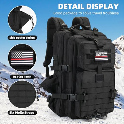 Hannibal Tactical MOLLE Assault Backpack, Tactical Backpack Military Army Camping Rucksack, 3-Day Pack Trip w/USA Flag Patch, D-Rings, Flag patch with water bottle - color: Flag Patch With Water Bottle