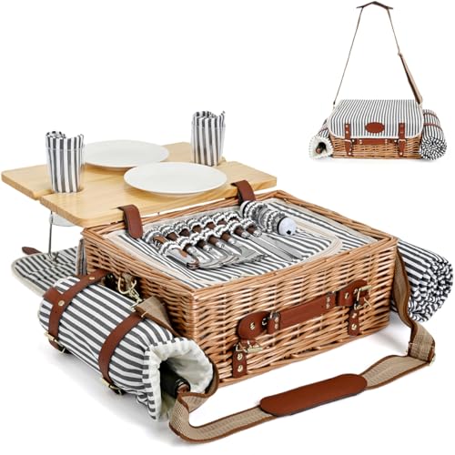 Multifunctional Wicker Picnic Basket Set for 2 with Blanket and Picnic Table, Insulated Picnic Set with Full Tablewares for Camping Outdoor Couples, Stripes - color: Stripes With Blanket &Table for 2