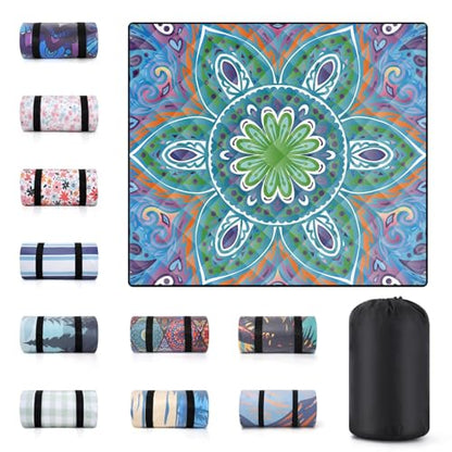 60x80 Large Boho Picnic Blankets Outdoor Water Proof Sand Proof Beach Blanket Packable Patio Grass Park Camping Mats Camper Hiking Must Haves Gifts Car Road Trip Gear Outside Rv Travel Stuff - color: Blue and Green Mandala, size: 6'8" x 5' (Rectangular)