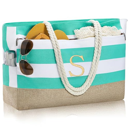 YOOLIFE Large Initial Beach Bag Waterproof Tote Zipper Bag Personalized Gifts for Women Her Birthday Travel Beach Essential - color: Light Blue, style: S