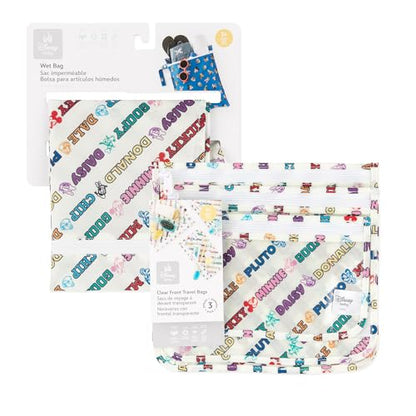 Bumkins - Waterproof Wet Bag & Clear Travel Bags - For Beach, Baby, Travel, Swim Suit, Cloth Diapers, Pump Parts, Pool, Gym, Toiletries - Reusable & Easy to Clean - Mickey and Friends White - 4 Pack - color: D1 Mickey Varsity-4