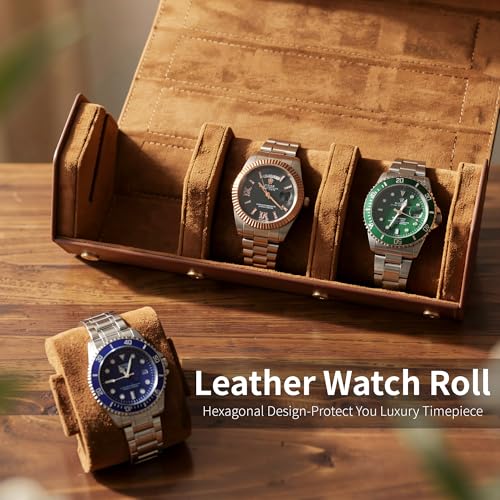 Leather Watch Roll for 2 Watches - Velvet-Lined Travel Case, Luxury Watch Rolls Organizer with Storage & Display for Men (3 Slot-Brown) - color: 3 Slot-Brown