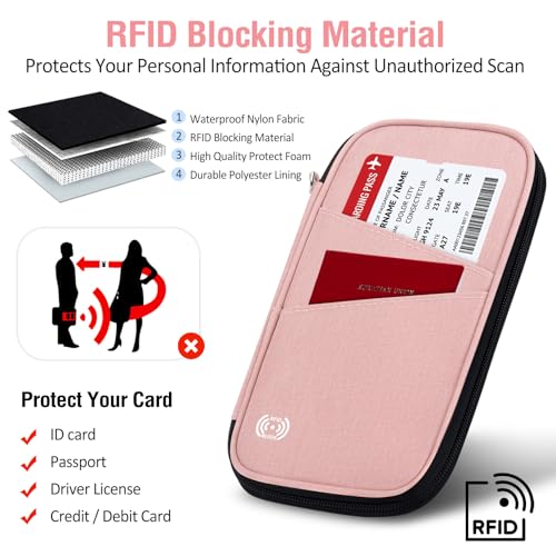BKNOOU Family Passport Holder RFID Blocking Travel Document Organizer | Large Capacity (5 passports+13 cards), RFID Blocking, Air Travel Essentials, Detachable Wrist Strap and Shoulder Strap - color: 07 Pink