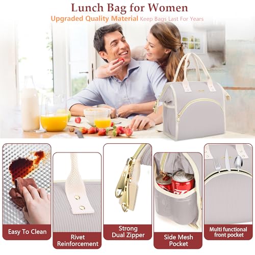 LOKASS Lunch Bag Women Insulated Lunch Box Wide-Open Lunch Tote Bag Large Cooler Bag for Work Picnic Hiking Beach（Light Gray） - color: Cream Gray