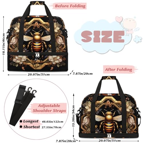 Travel Duffle Bags With Shoes Compartment for Women Men Old Gold Bee Lightweigh Sports Tote Gym Bag Foldable Canvas Weekender Overnight Carry On Luggage Handle Bag - color: print 12