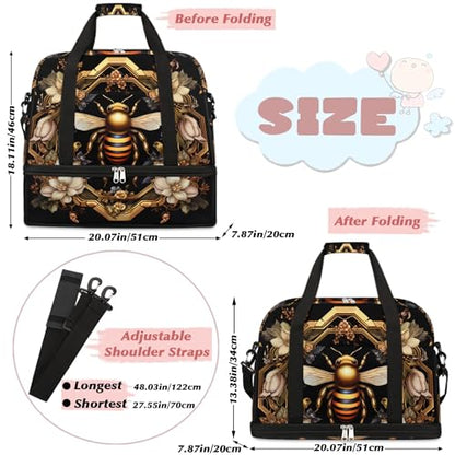 Travel Duffle Bags With Shoes Compartment for Women Men Old Gold Bee Lightweigh Sports Tote Gym Bag Foldable Canvas Weekender Overnight Carry On Luggage Handle Bag - color: print 12