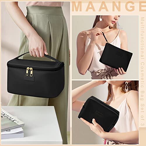 MAANGE Makeup Bag - Large Cosmetic Bag with 2pcs Small Makeup Bags Portable Leather Travel Makeup Bag Set Toiletry Bag Make Up Bags for Women and Girls (Black) - color: Black