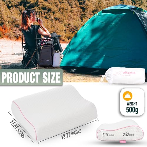 alkamto Travel & Camping Comfortable Memory Foam Pillow – Easy to Carry Portable Bag – Temperature Regulating Pillow Case (Pink Contour + Extra Cover) - size: Pink Contour Travel + Extra Cover