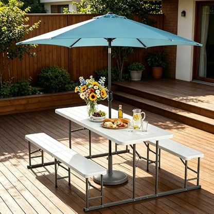 VINGLI Folding Picnic Table and Bench Set with Umbrella, Portable Outdoor Dining Furniture for Camping, Patio, Backyard, Wood Grain Plastic Top with Metal Frame with Light Blue Umbrella - color: White, style: With Light Blue Umbrella