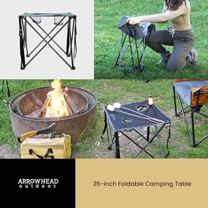 ARROWHEAD OUTDOOR 26” (66cm) Portable Camping Folding Table, 2 Cup Holders, Square, Carrying Case, Steel Frame, High-Grade 600D Canvas - color: Green 2pack