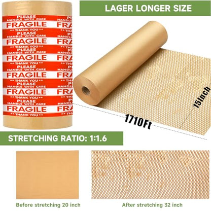 Honeycomb Packing Paper Wrap 15''x20520" (1710 ft), Substitute Alternative for Bubble Cushioning Wrap for Moving Shipping Packaging, Recyclable Moving Supplies with 48 Fragile Sticker Labels - size: 15''x1710'