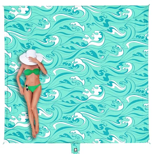 WEKAPO Beach Blanket Waterproof Sandproof Oversized Extra Large Sand Free Beach Mat with Stakes, Storage Bag - Essentials for Outdoor Beach, Picnic (Turquoise Ocean Waves, 11 X 9 FT (1~10 Person)) - color: Turquoise Ocean Waves, size: 11 X 9 FT (1~10 Pers