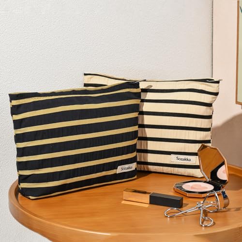 SOIDRAM 2 Pieces Makeup Bag Large Stripe Cosmetic Bag Capacity Canvas Travel Toiletry Bag Organizer Cute Makeup Brushes Aesthetic Accessories Storage Bag for Women, Stripe L Black White - color: Black& white stripe