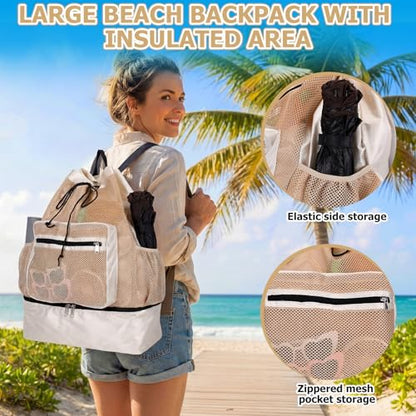 Mesh Beach Drawstring Backpack with Cooler Beach Bags Sandproof Swim Bags Leakproof with Zipper for Seaside Pool Travel - color: Khaki