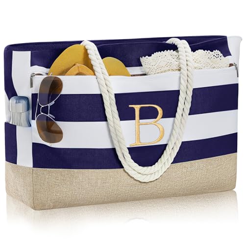 YOOLIFE Large Initial Beach Bag Waterproof Tote Zipper Bag Personalized Gifts for Women Her Birthday Travel Beach Essential - color: Dark Blue, style: B