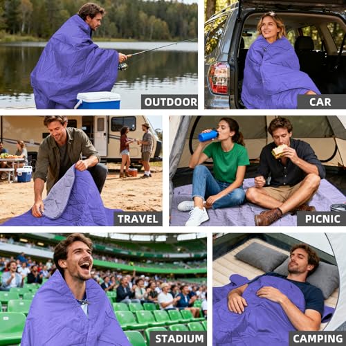 Large Outdoor Waterproof Blanket Extra Thick Fleece Stadium Blanket for Camping, Car, Pet, Picnics - Windproof, Wearable, Machine Washable 80" x 58" (Blue Purple) - color: Blue Purple