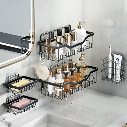 Fammart Adhesive Shower Caddy, 5-Pack Rustproof Stainless Steel Bathroom Organizer with 28 Hooks, No-Drill Large Capacity Shower Shelves for Bathroom Storage & Home Décor, Black - color: 5-Pack,Stainless Steel - Black