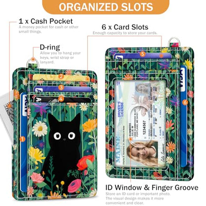 Yonlevres Black Cat Credit Card Holder Slim Wallet, Floral RFID Wallet Women Front Pocket Small Card Holder, Travel Funny Cute Thin Card Case ID Window PU Leather RFID Blocking Card Organizer Girls - color: Cat Flower Green