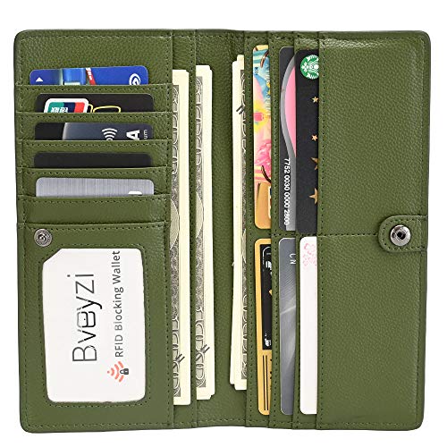 Bveyzi Ultra Slim Thin Leather RFID Blocking Credit Card Holder Bifold Clutch Wallets for Women - color: Olive Green