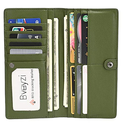 Bveyzi Ultra Slim Thin Leather RFID Blocking Credit Card Holder Bifold Clutch Wallets for Women - color: Olive Green