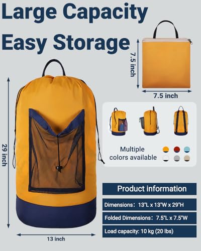 Laundry Bag with Shoulder Straps and Mesh Pocket Laundry Backpack Large Portable Laundry Hamper for College Laundromat Apartment - color: Yellow & Blue