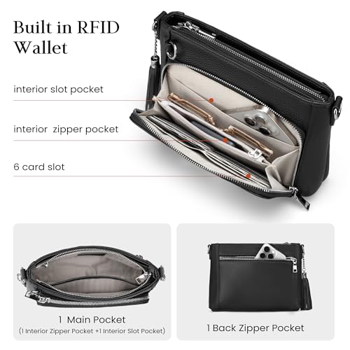 befen Anti Theft Genuine Leather Crossbody Bags for Women Handbags and Shoulder Basg with Built in Wallet RFID Leather Purse - color: Deep Black